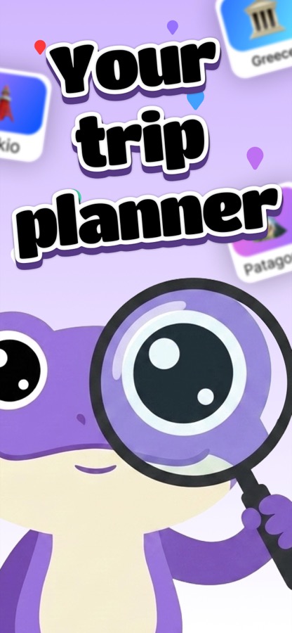 Hop's purple frog mascot looking through a magnifying glass, surrounded by floating trip cards