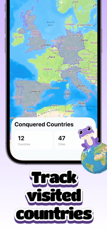 Hop Conquered Countries screen painting visited countries on a map of Europe with country and city counts