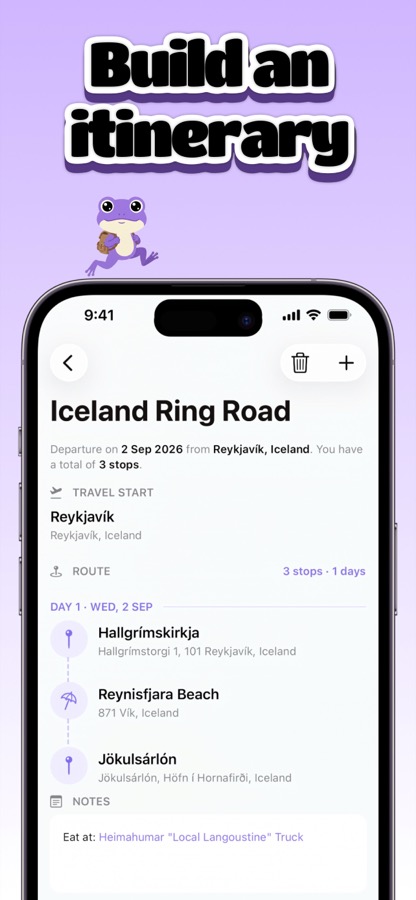 Hop itinerary screen for an Iceland Ring Road trip, with stops organized by day