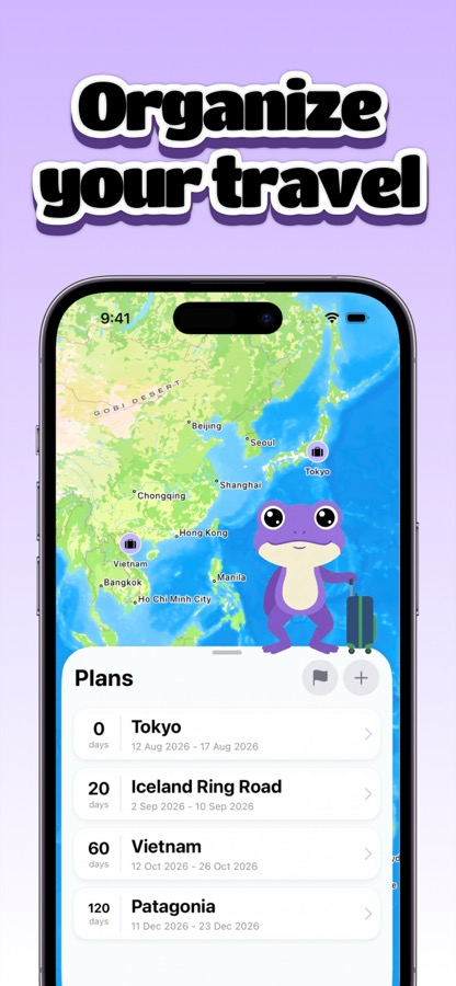 Hop app showing a list of planned trips floating over a world map, with a purple frog mascot holding a suitcase