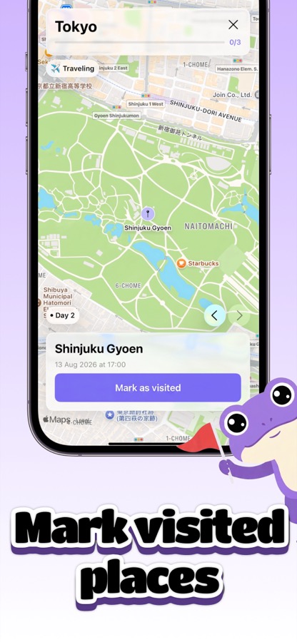 Hop traveling mode in Tokyo showing the next stop with a Mark as visited button